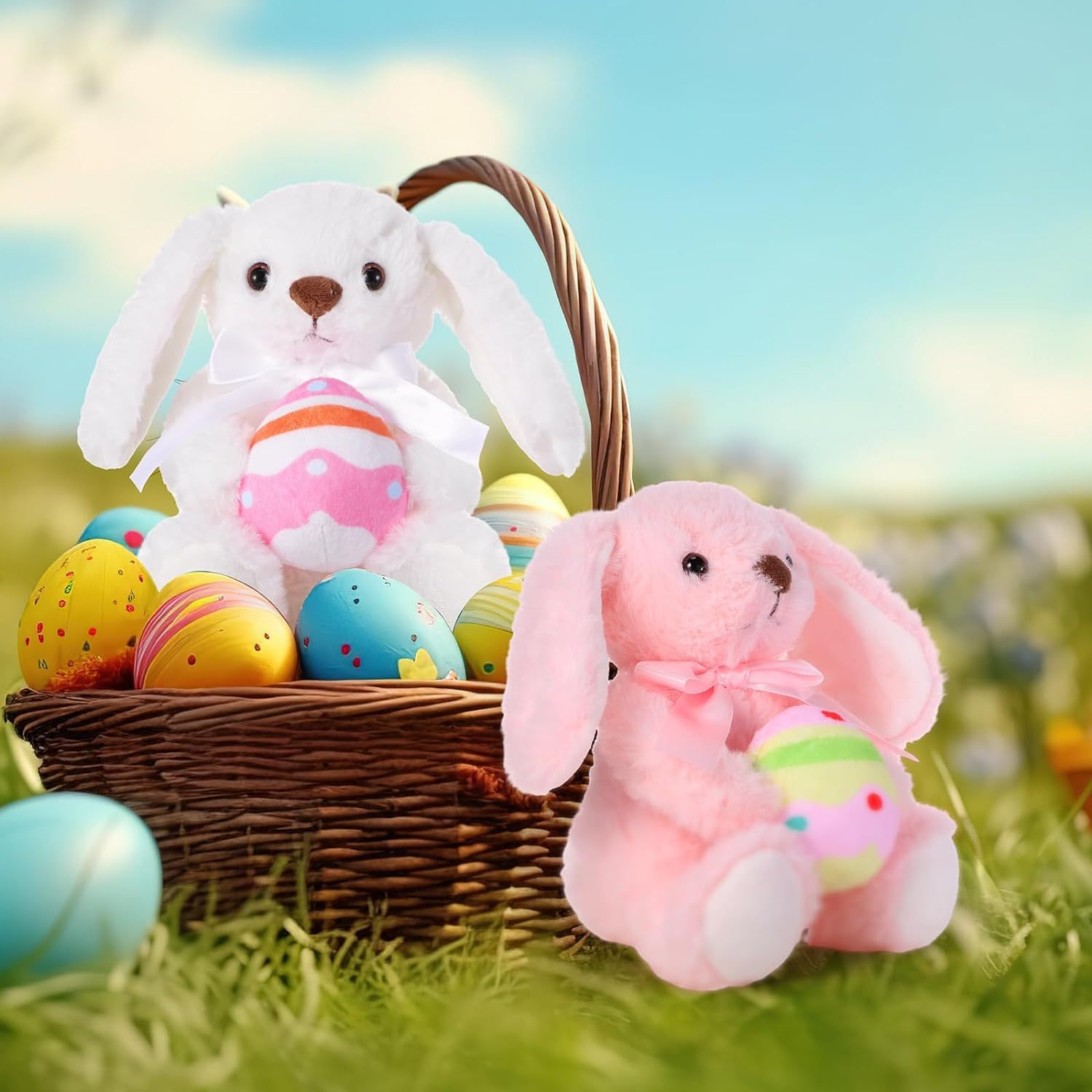 2 Pcs Easter Bunny Rabbit Stuffed Animal Hold Easter Egg 10" Easter Plush Toy Gift