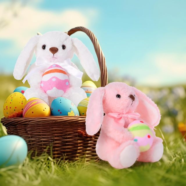 2 Pcs Easter Bunny Rabbit Stuffed Animal Hold Easter Egg 10" Easter Plush Toy Gift
