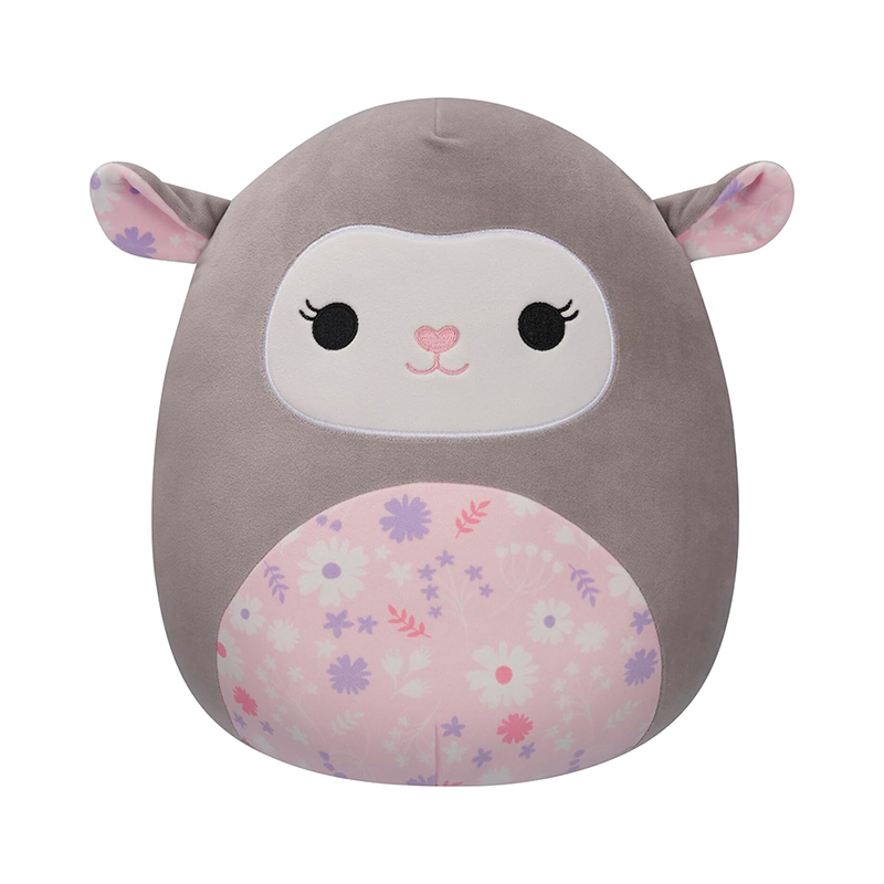 12-Inch Grey Lamb Stuffed Animal with Pink Floral Soft Plush Toy