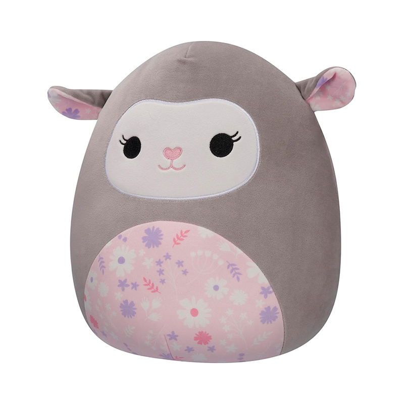 12-Inch Grey Lamb Stuffed Animal with Pink Floral Soft Plush Toy