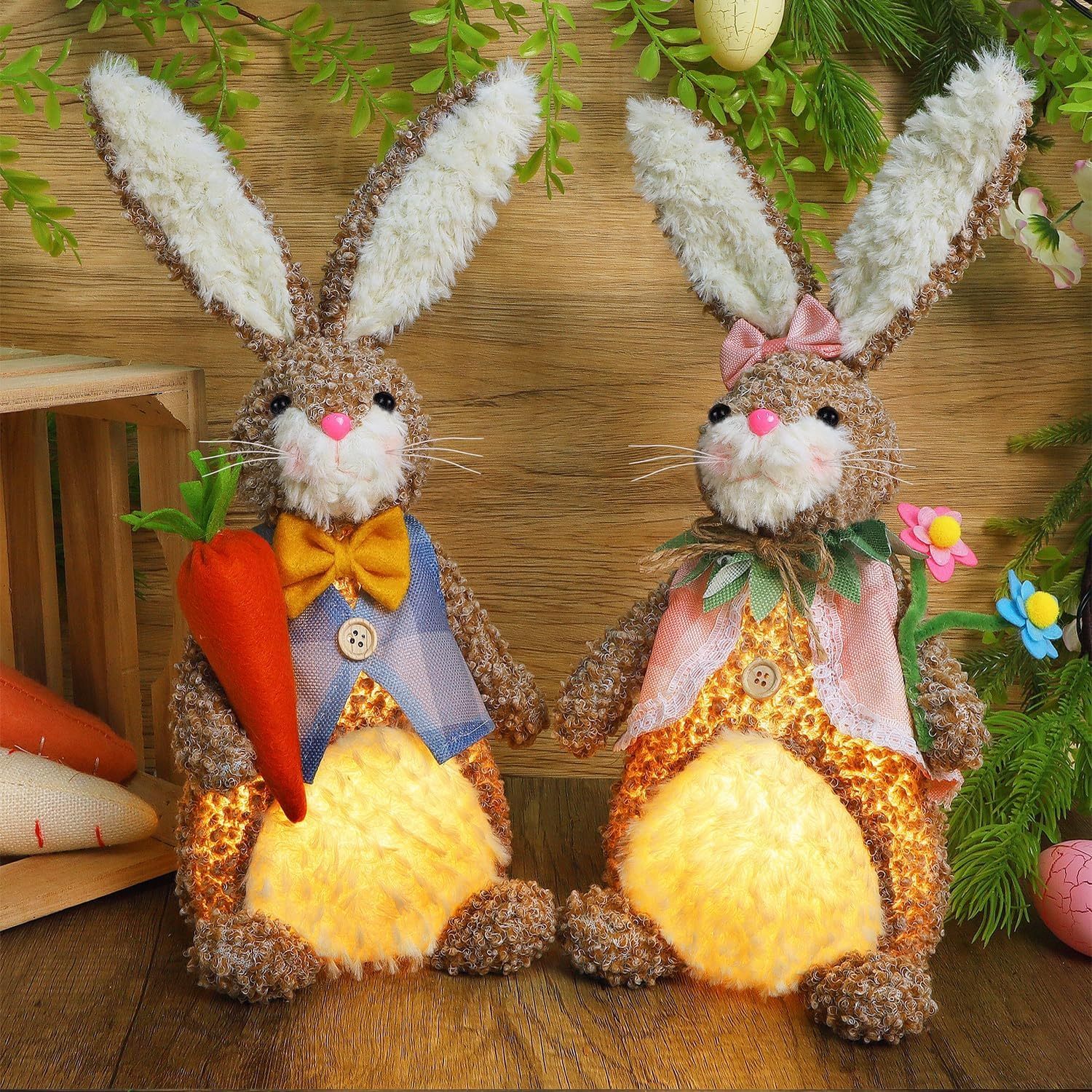 2 Pack Lighted Plush Easter Bunny 12.5" Handmade Huggable Rabbits Stuffed Animal