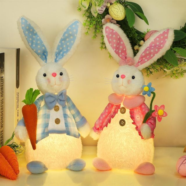 2 Pack Lighted Plush Easter Bunny 12.5" Handmade Huggable Rabbits Stuffed Animal