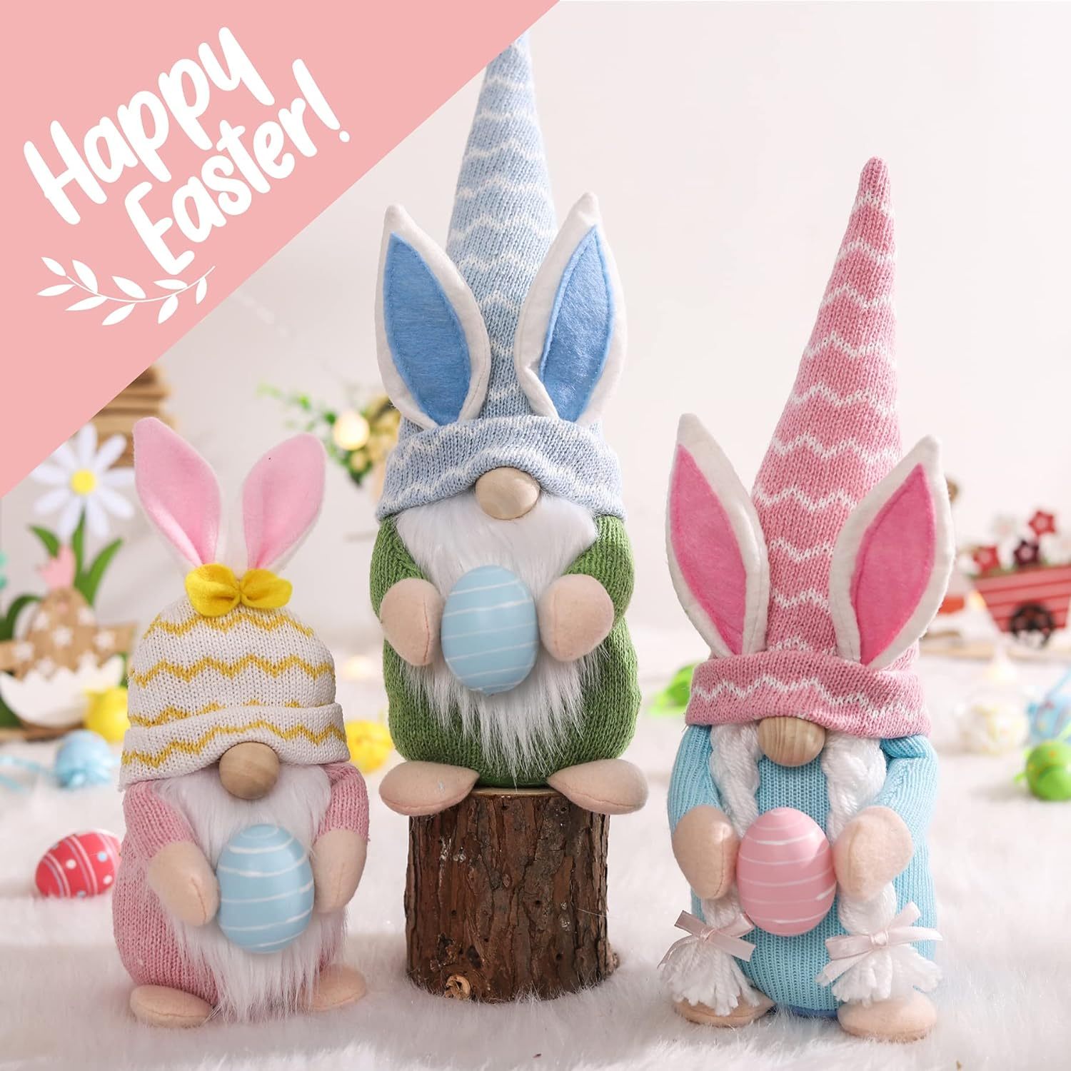 Easter Gnomes Plush Decoration 3 PCS Spring Bunny Dolls with Egg Handmade Easter Gift