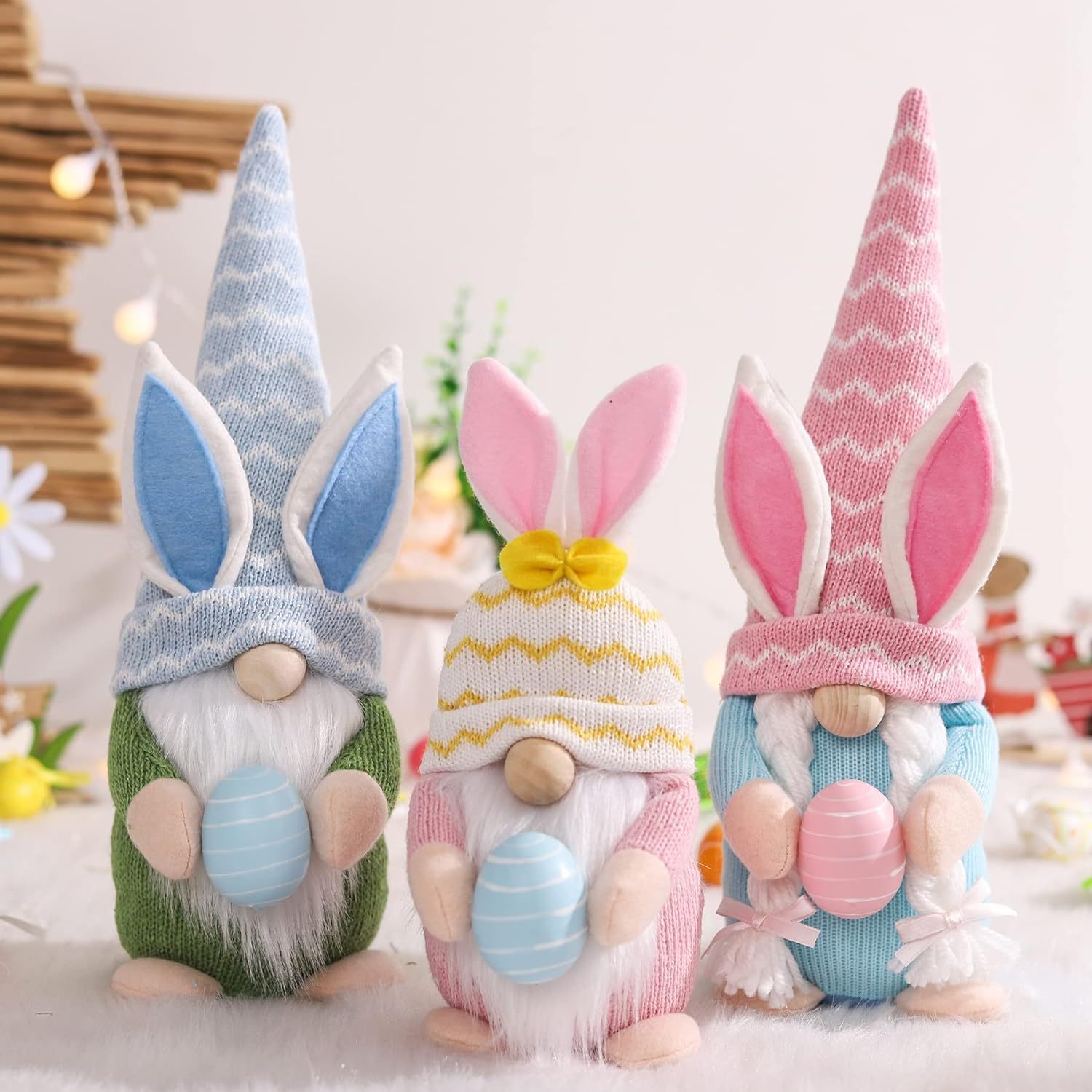 Easter Gnomes Plush Decoration 3 PCS Spring Bunny Dolls with Egg Handmade Easter Gift