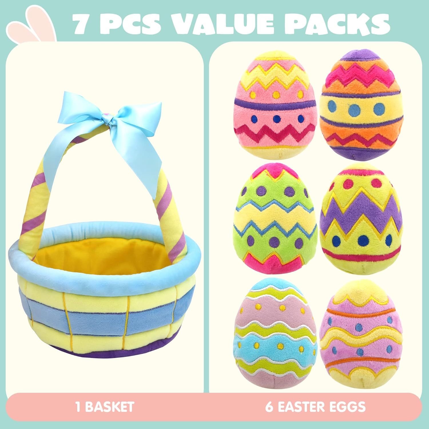 7 Pcs Basket for Easter Baby plushies playset Stuffers Toys for Party Favors, Plush for Toddler & Kids of All Ages