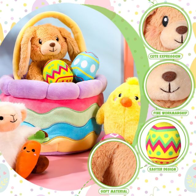 Easter Basket Stuffed Plush Playset with Plush Easter Bunny Chick Carrot Lamb Eggs