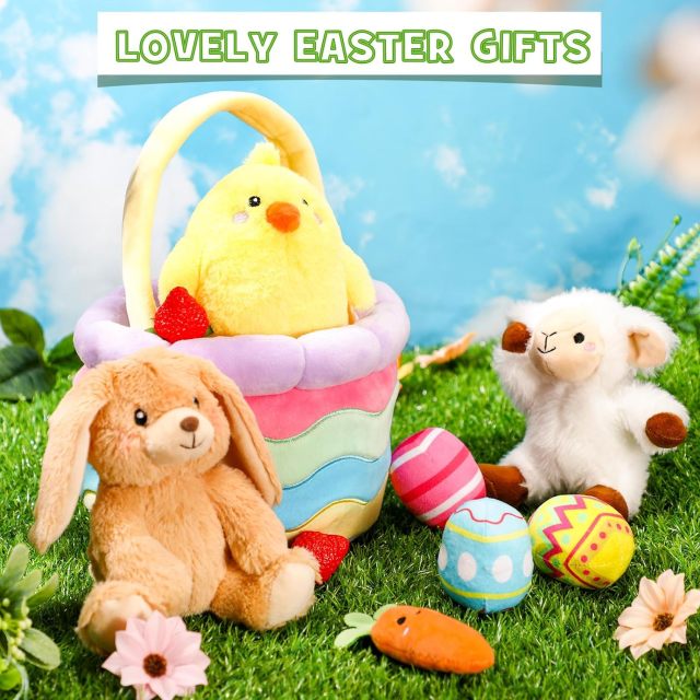 Easter Basket Stuffed Plush Playset with Plush Easter Bunny Chick Carrot Lamb Eggs