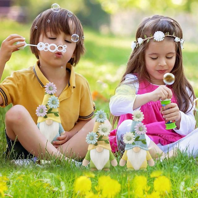 Set of 3 Spring Easter Floral Vine Gnome Plush Stuffed Doll Handmade Spring Summer Decor
