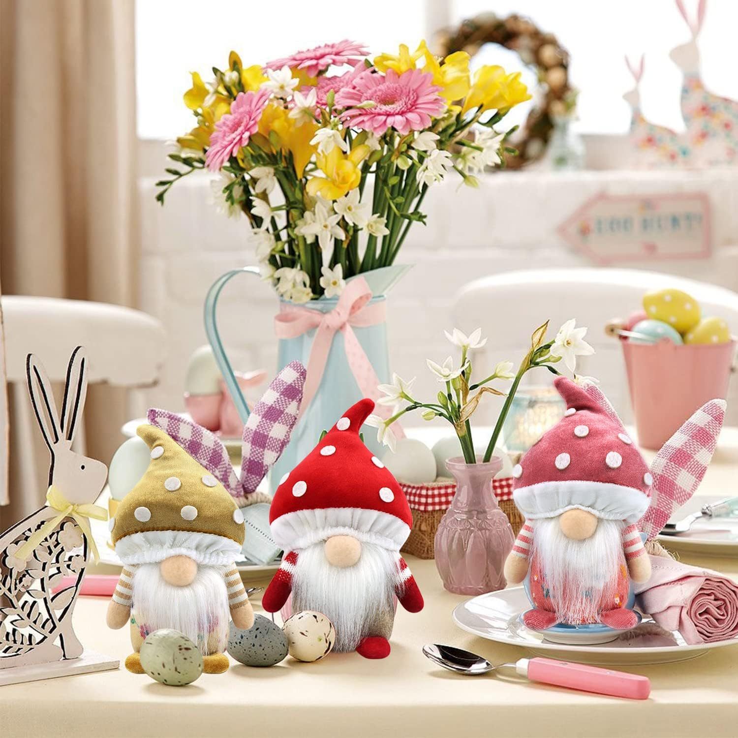 3 Mushroom Gnomes Plush Spring Easter Decoration Gifts Holiday Handmade Stuffed Doll
