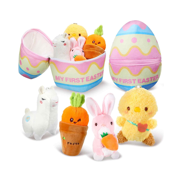 5 Pcs Easter Theme Egg Basket Stuffed Bunny Chick Carrot Alpaca Plush Playset