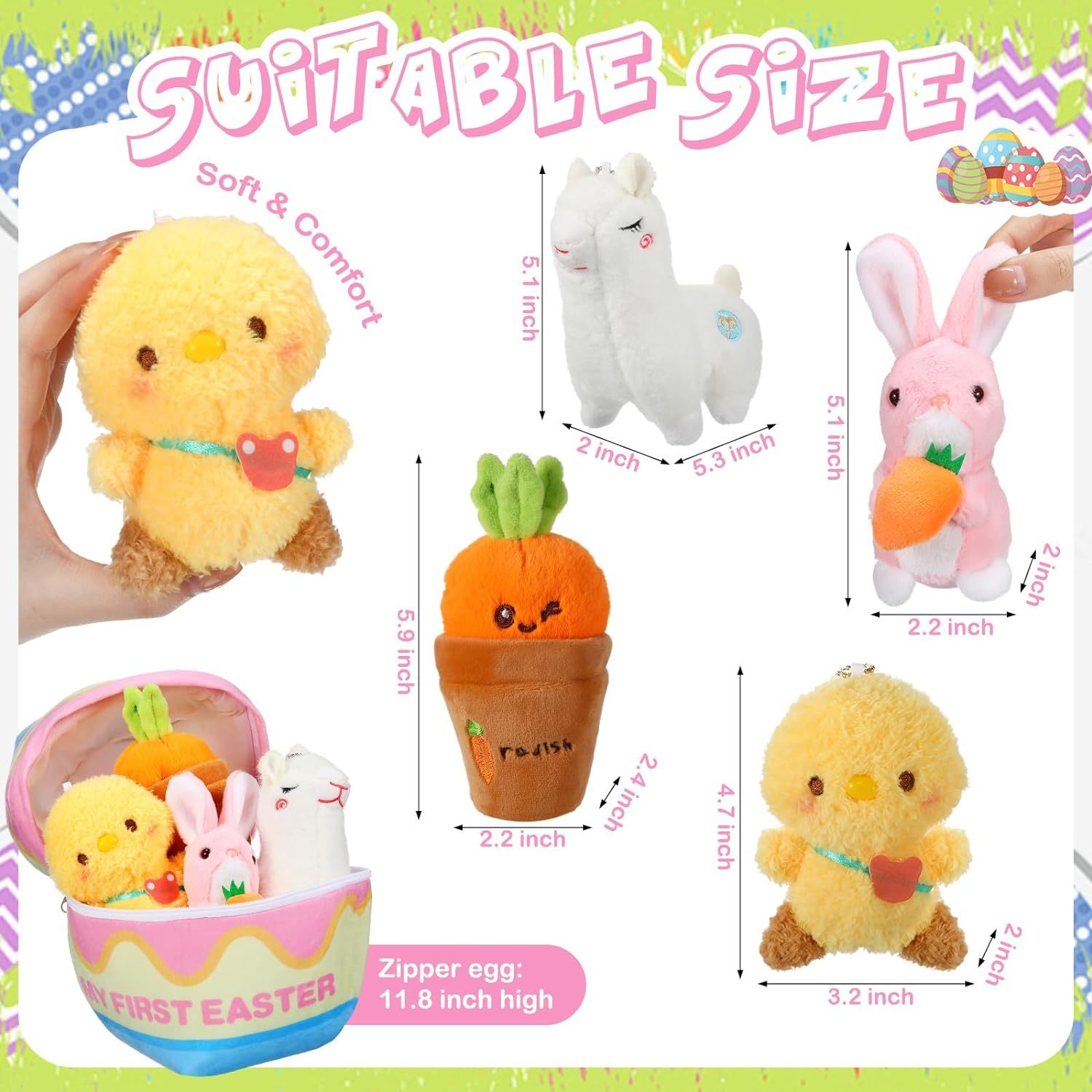 5 Pcs Easter Theme Egg Basket Stuffed Bunny Chick Carrot Alpaca Plush Playset