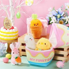 5 Pcs Easter Theme Egg Basket Stuffed Bunny Chick Carrot Alpaca Plush Playset