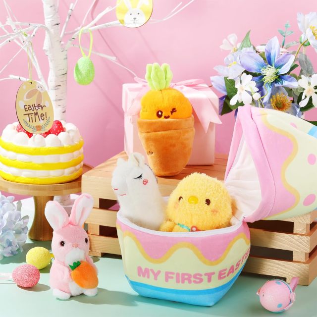 5 Pcs Easter Theme Egg Basket Stuffed Bunny Chick Carrot Alpaca Plush Playset