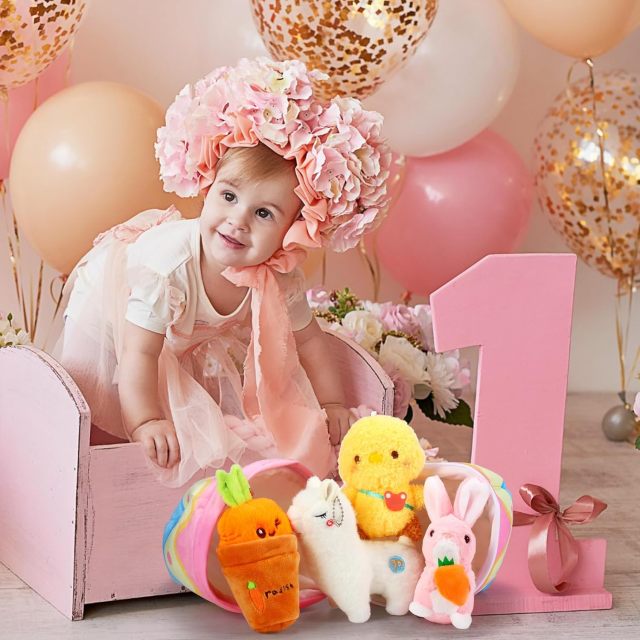 5 Pcs Easter Theme Egg Basket Stuffed Bunny Chick Carrot Alpaca Plush Playset