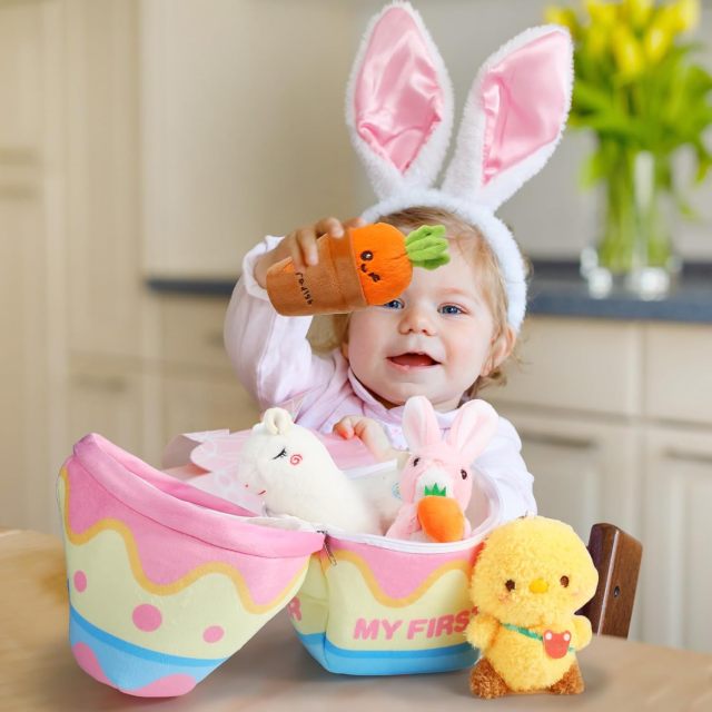 5 Pcs Easter Theme Egg Basket Stuffed Bunny Chick Carrot Alpaca Plush Playset