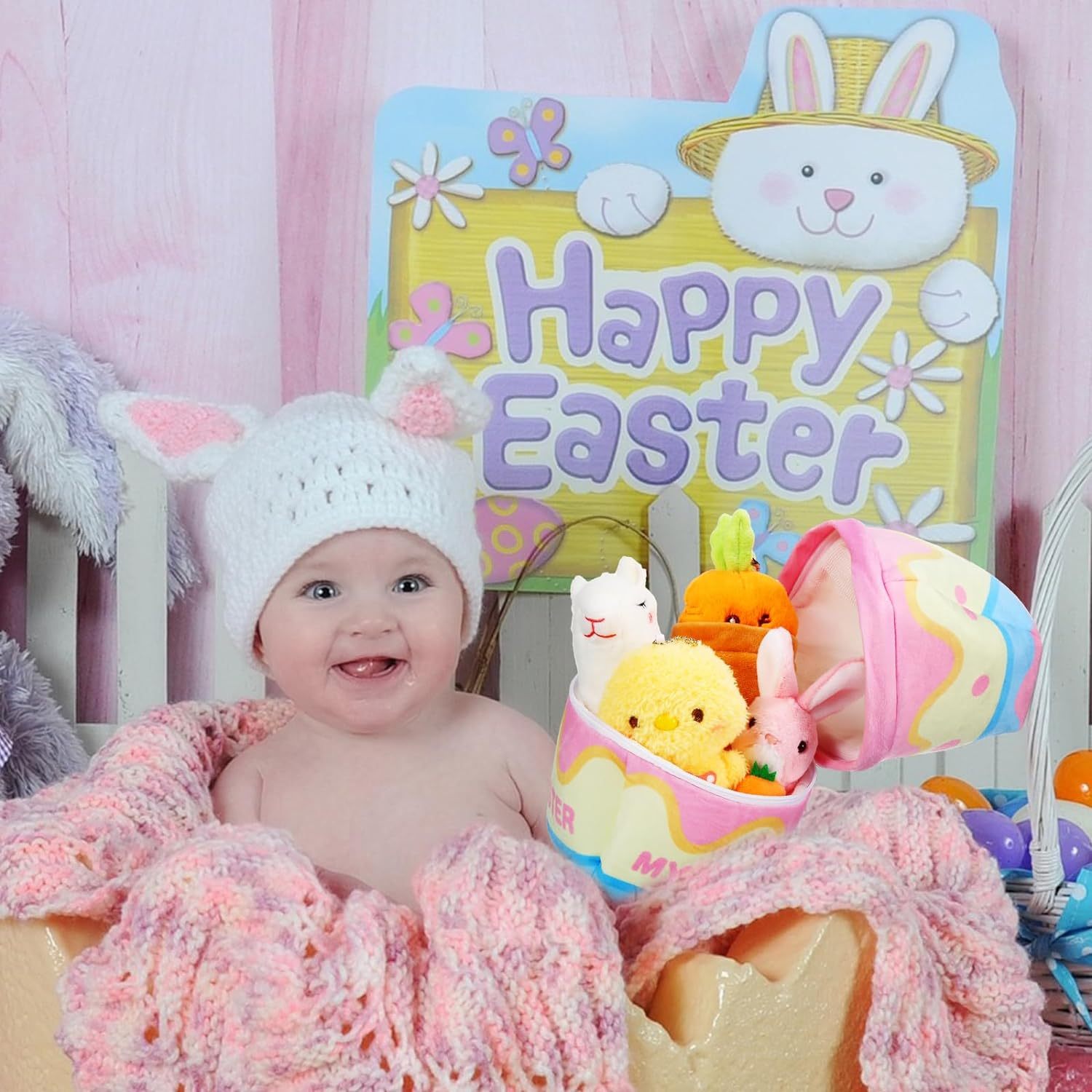 5 Pcs Easter Theme Egg Basket Stuffed Bunny Chick Carrot Alpaca Plush Playset