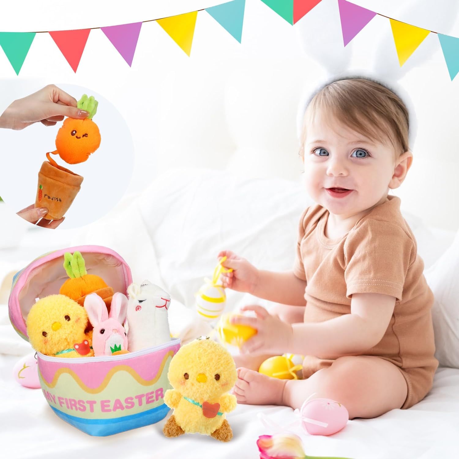 5 Pcs Easter Theme Egg Basket Stuffed Bunny Chick Carrot Alpaca Plush Playset