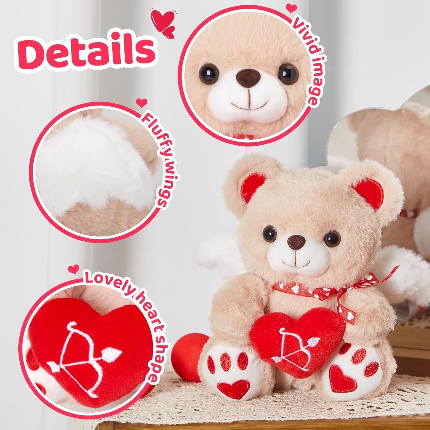Pink Valentines Teddy Bear Stuffed Animal with Love Heart 8 Inches