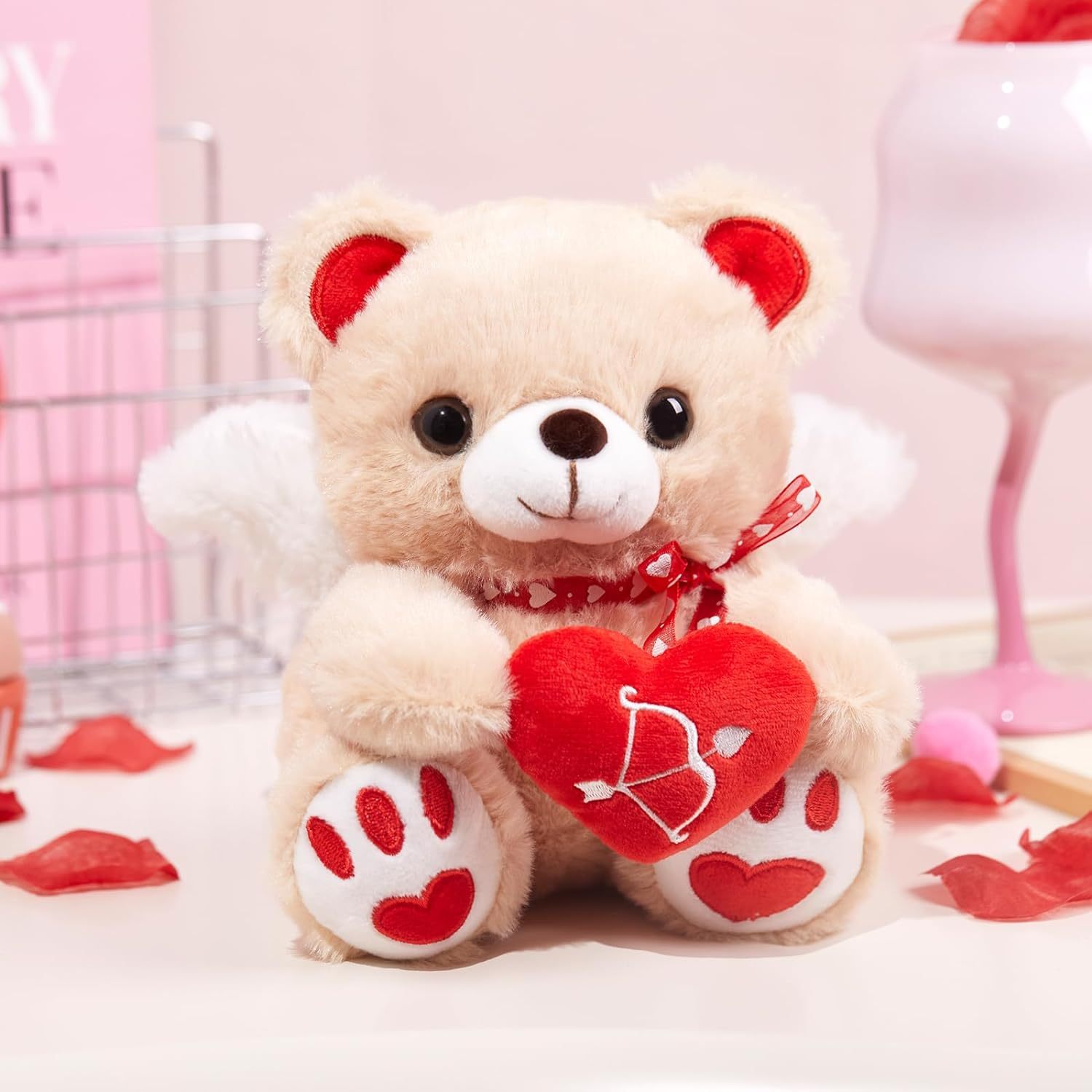 Pink Valentines Teddy Bear Stuffed Animal with Love Heart 8 Inches