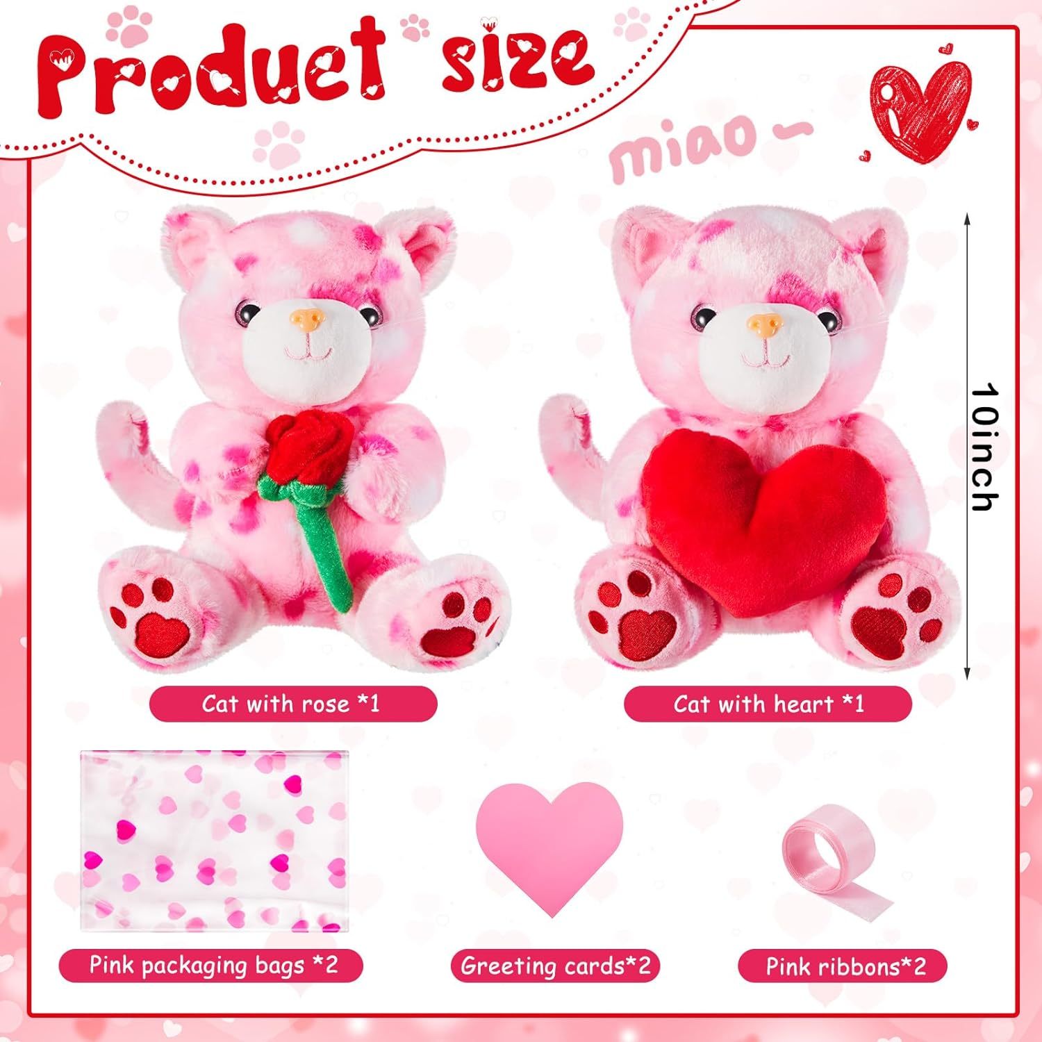 2 Sets Valentines Day Plush Cute Stuffed Heart Cat Animal Toys