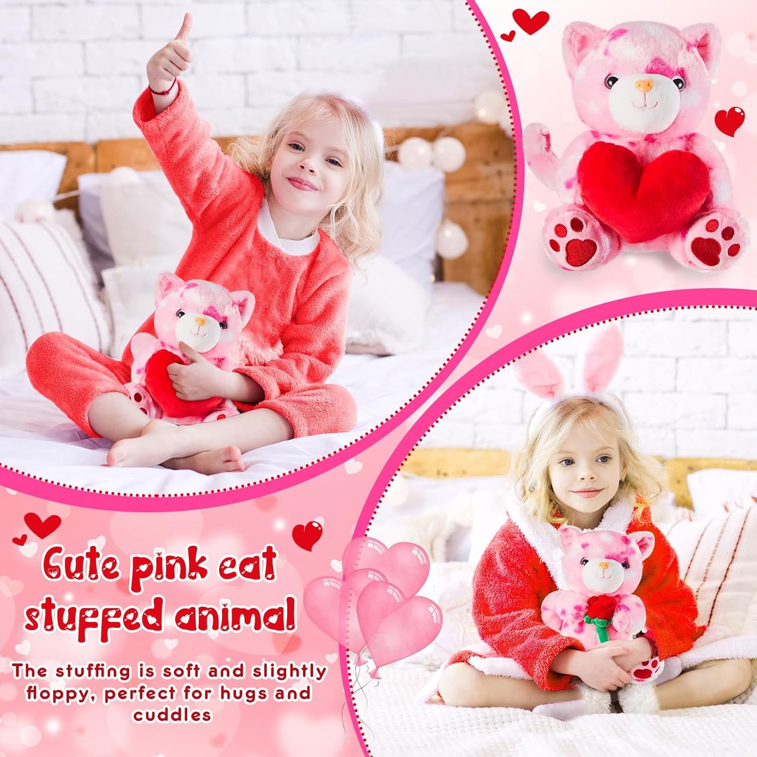 2 Sets Valentines Day Plush Cute Stuffed Heart Cat Animal Toys