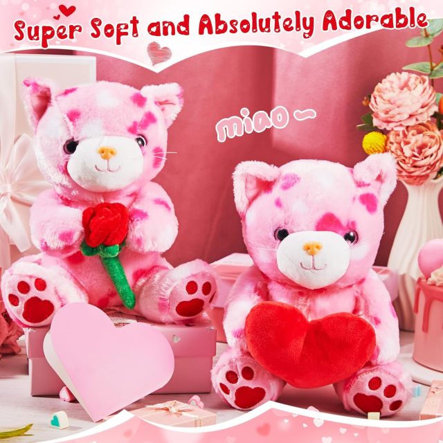 2 Sets Valentines Day Plush Cute Stuffed Heart Cat Animal Toys