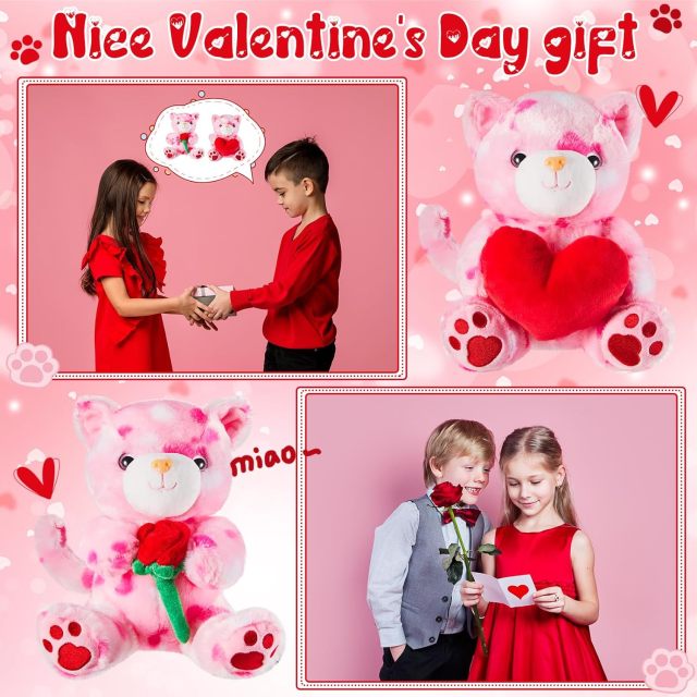 2 Sets Valentines Day Plush Cute Stuffed Heart Cat Animal Toys