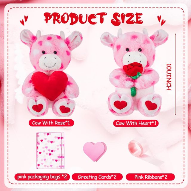 2 Sets Valentines Day Plush Stuffed Cow Cute Stuffed Heart Cow Animal Toys