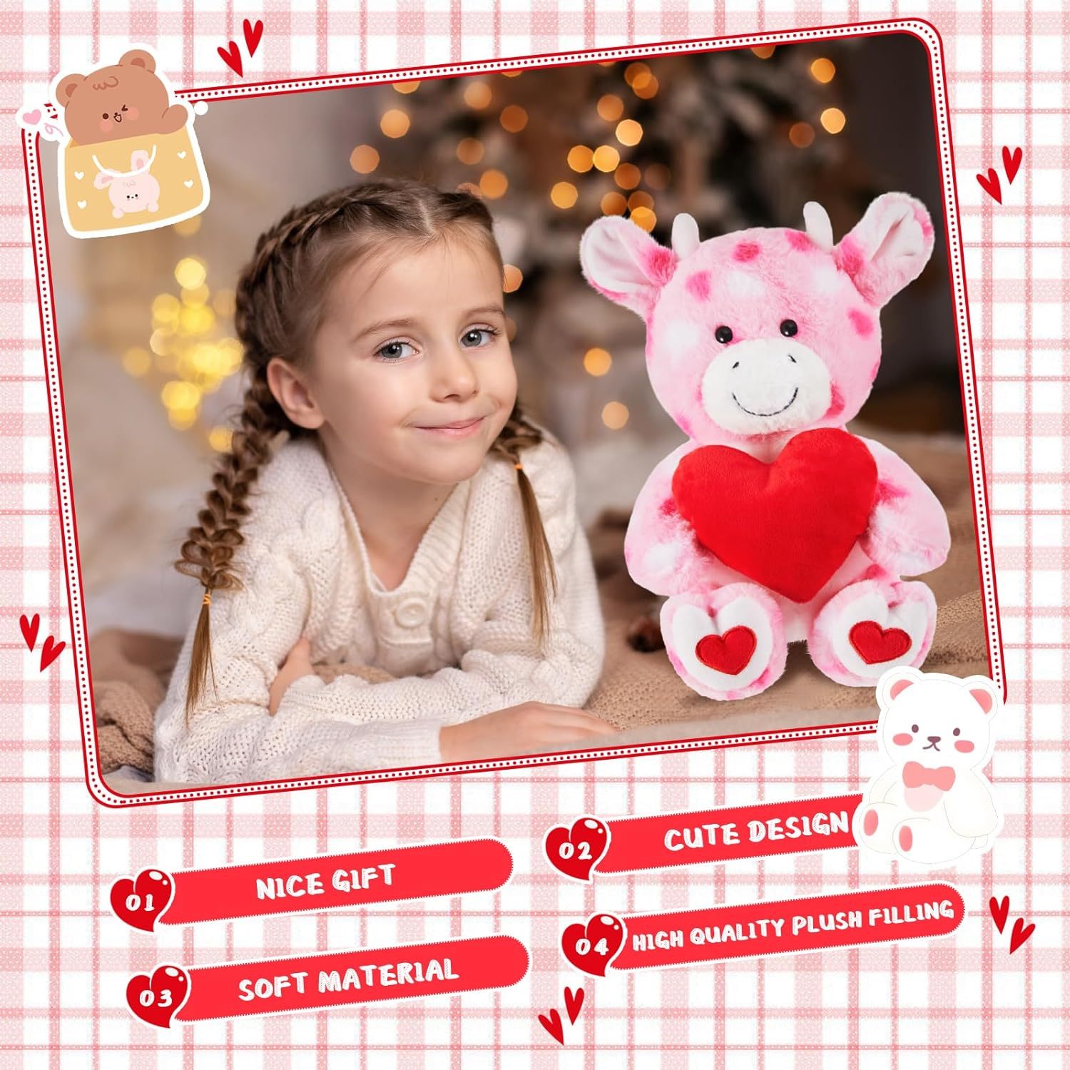 2 Sets Valentines Day Plush Stuffed Cow Cute Stuffed Heart Cow Animal Toys