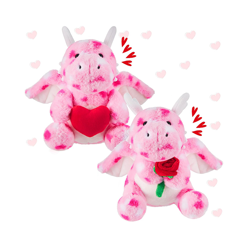 2 Sets Valentines Day Plush Stuffed Dragon Cute Animal Toys with Heart and Rose