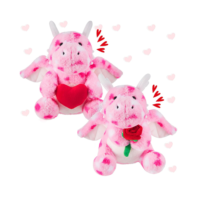 2 Sets Valentines Day Plush Stuffed Dragon Cute Animal Toys with Heart and Rose