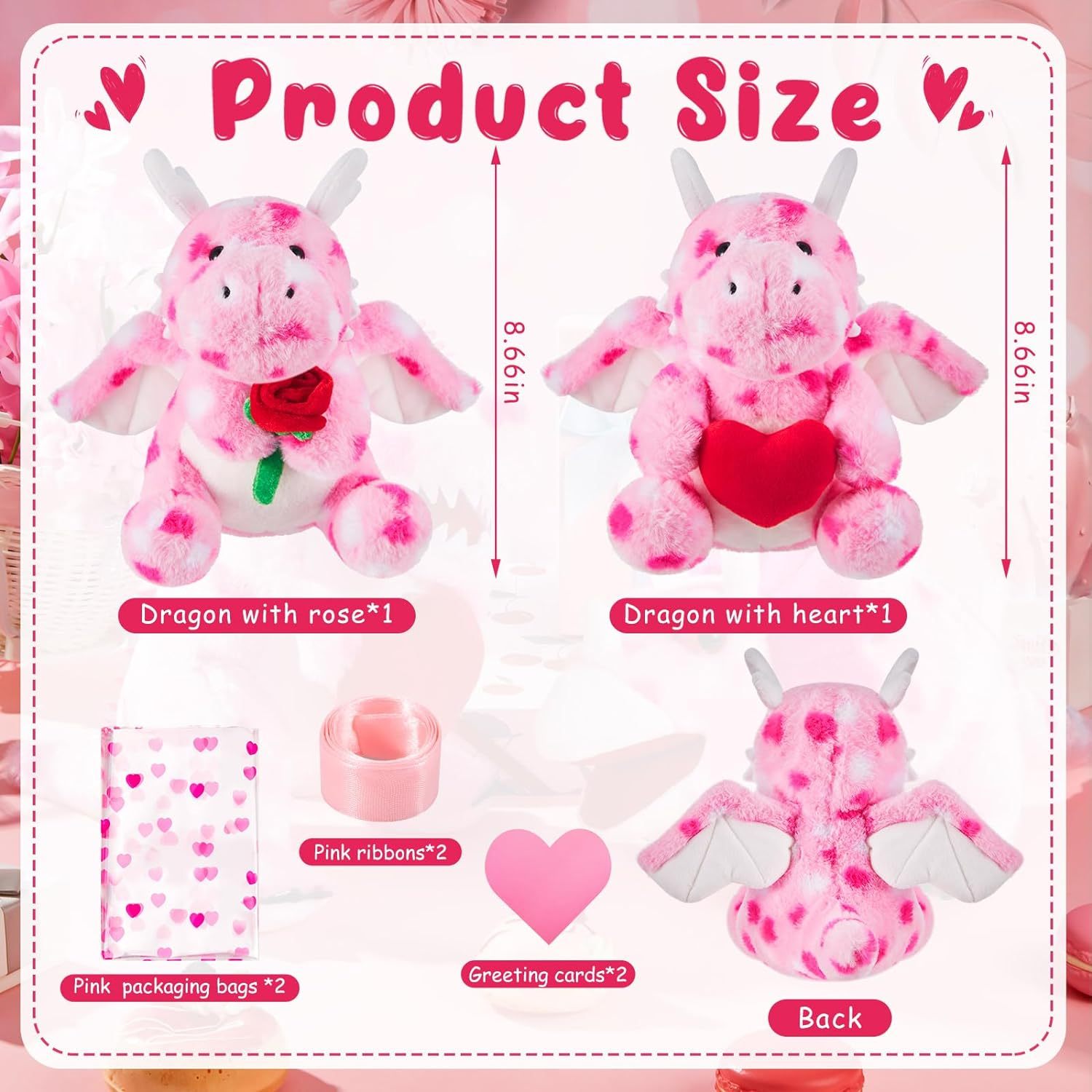 2 Sets Valentines Day Plush Stuffed Dragon Cute Animal Toys with Heart and Rose