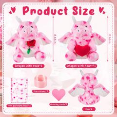 2 Sets Valentines Day Plush Stuffed Dragon Cute Animal Toys with Heart and Rose