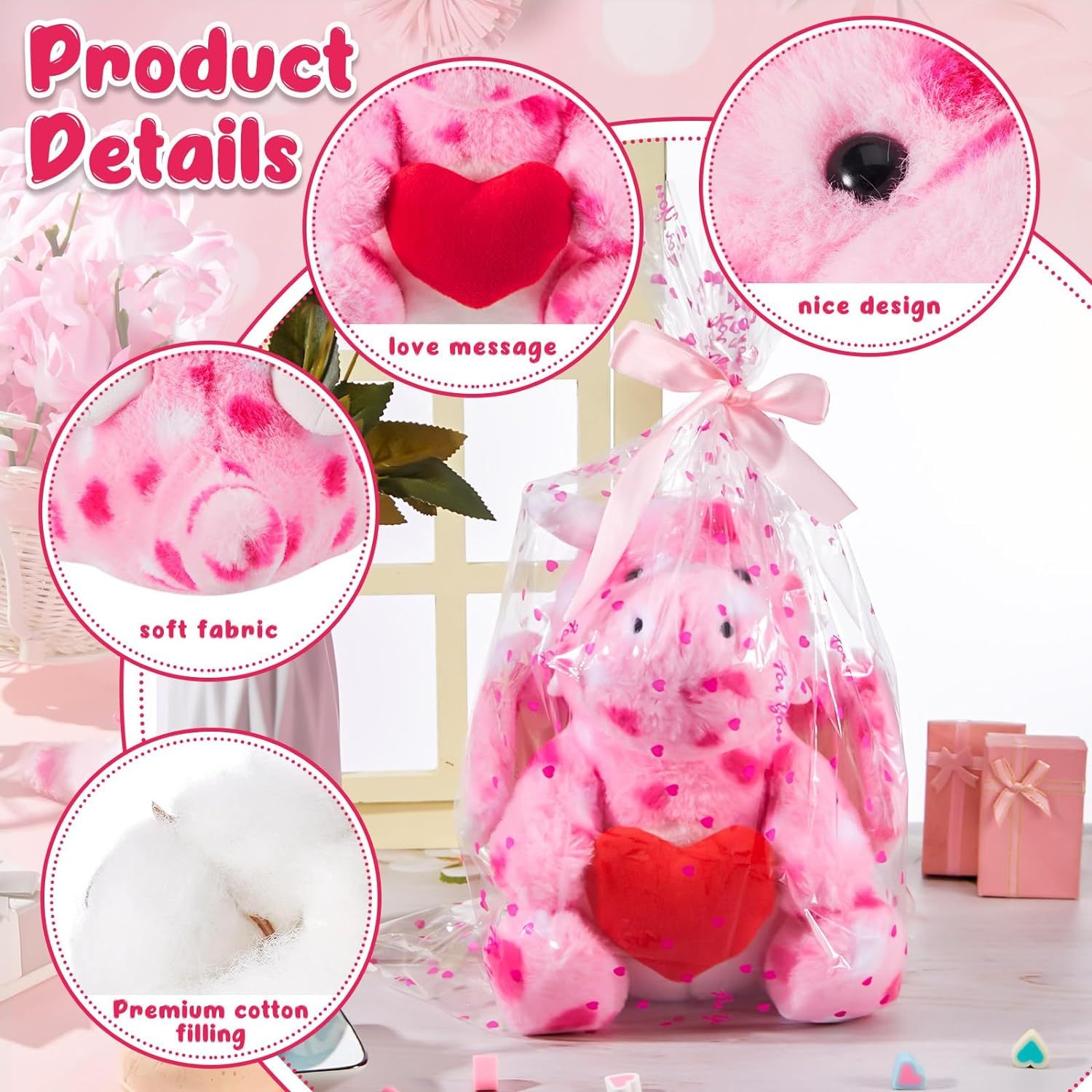 2 Sets Valentines Day Plush Stuffed Dragon Cute Animal Toys with Heart and Rose