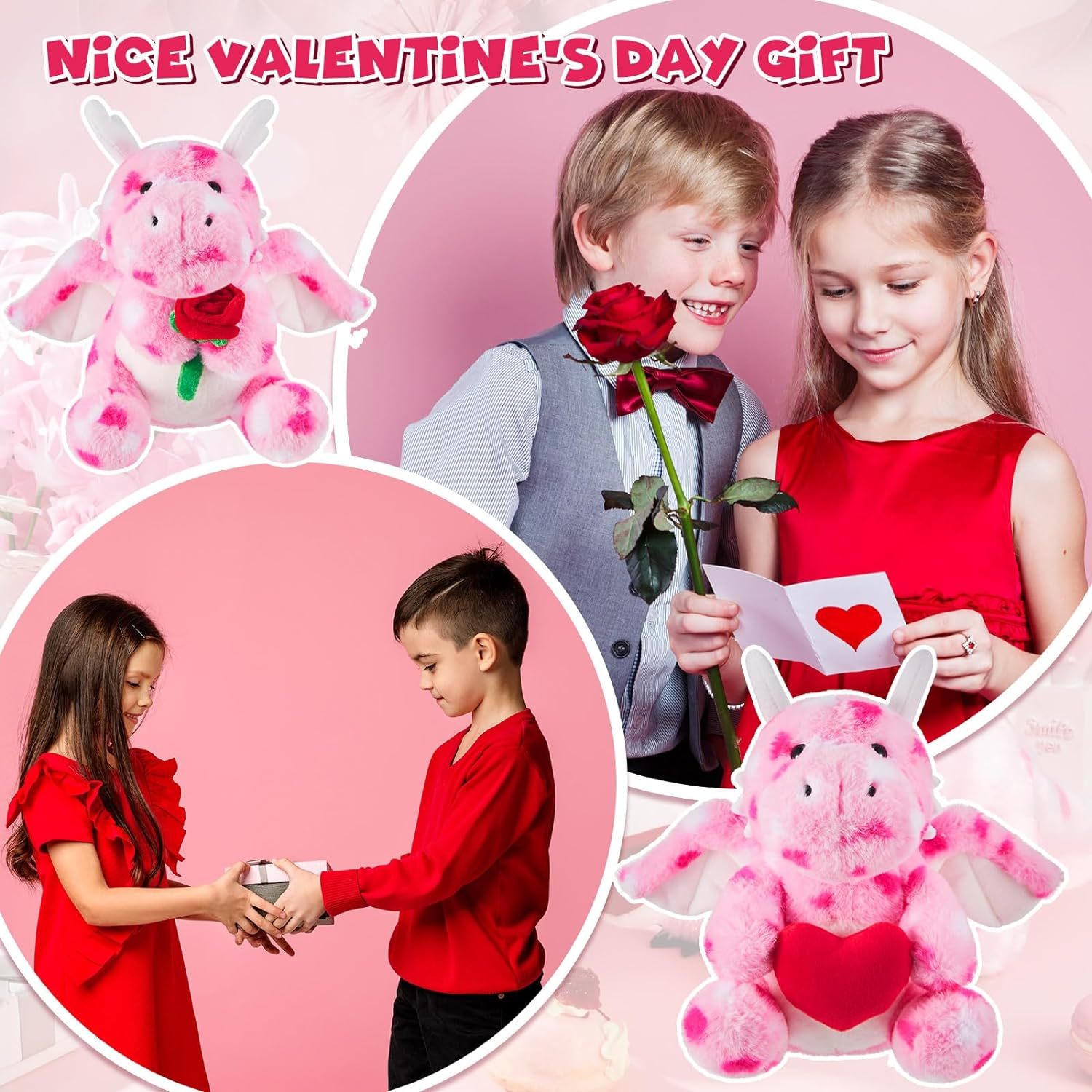 2 Sets Valentines Day Plush Stuffed Dragon Cute Animal Toys with Heart and Rose
