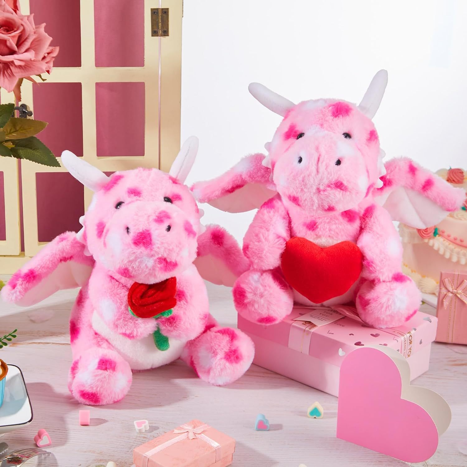 2 Sets Valentines Day Plush Stuffed Dragon Cute Animal Toys with Heart and Rose
