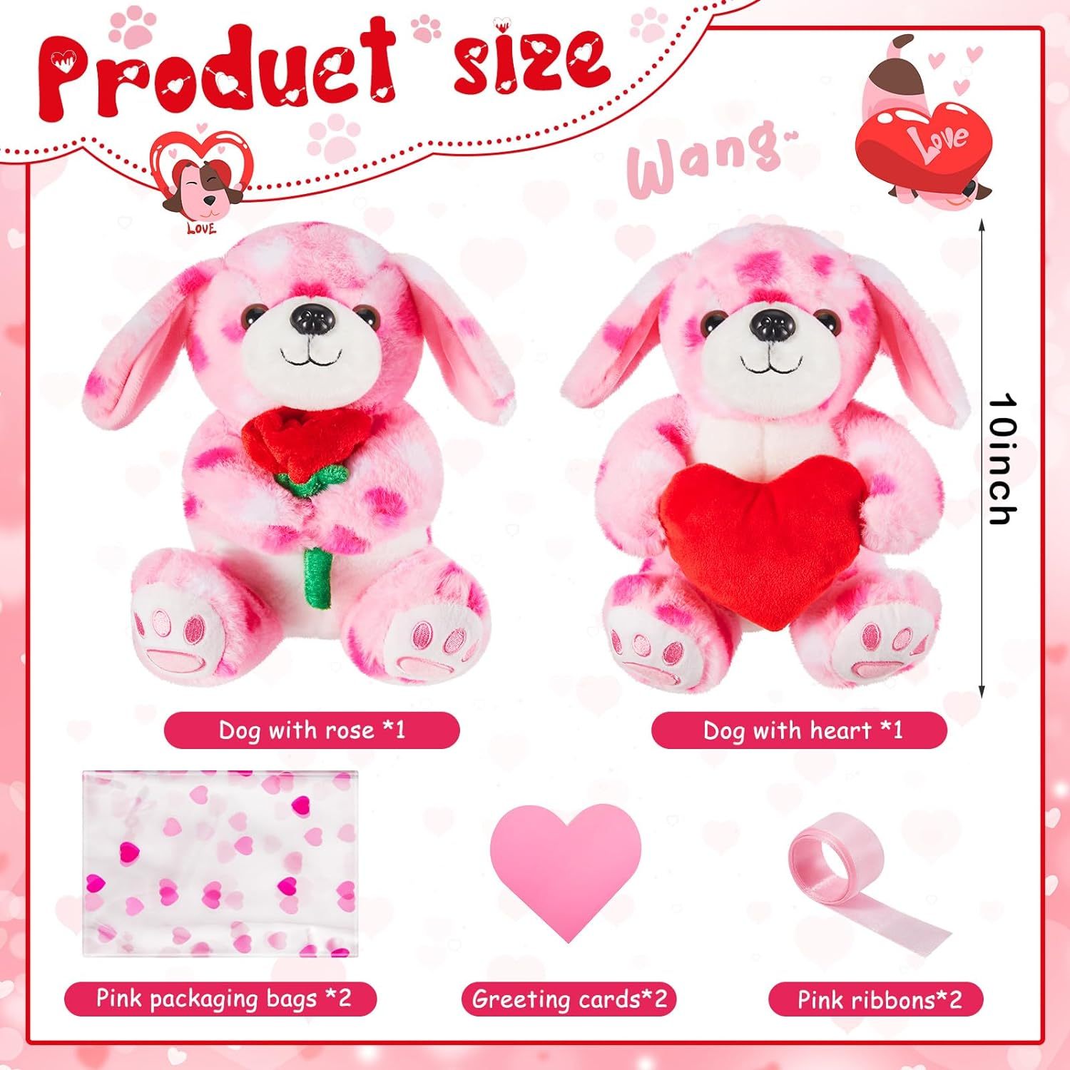 2 Sets Valentines Day Plush Cute Stuffed Heart Dog Animal Toys