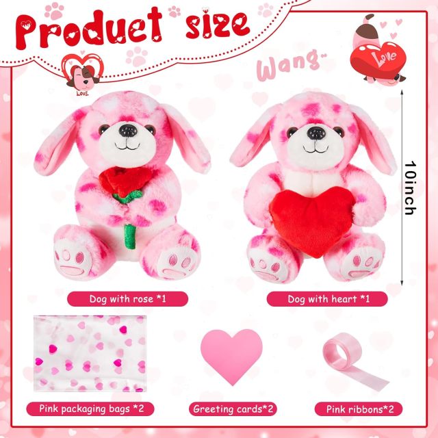 2 Sets Valentines Day Plush Cute Stuffed Heart Dog Animal Toys
