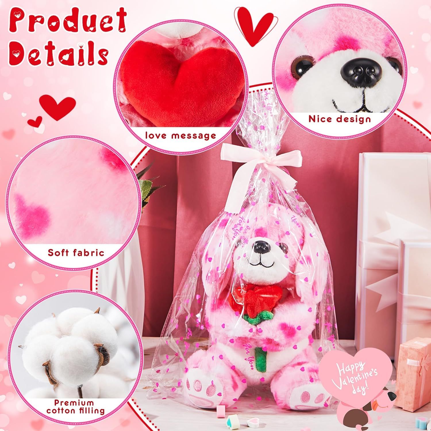 2 Sets Valentines Day Plush Cute Stuffed Heart Dog Animal Toys