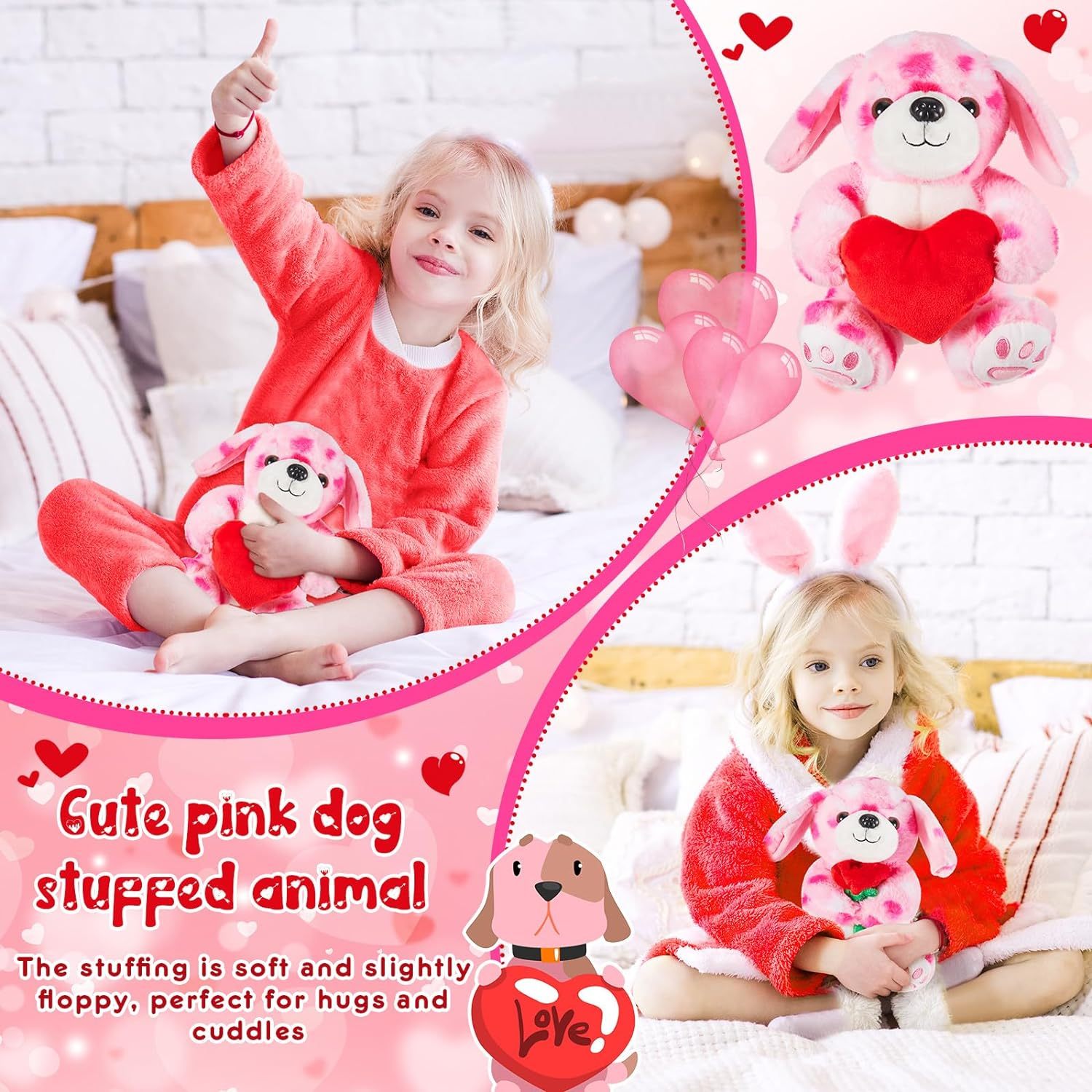 2 Sets Valentines Day Plush Cute Stuffed Heart Dog Animal Toys
