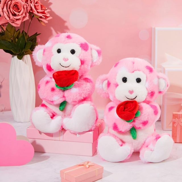 2 Sets Valentines Day Plush Stuffed Monkey Cute Stuffed Heart Monkey Animal Toys