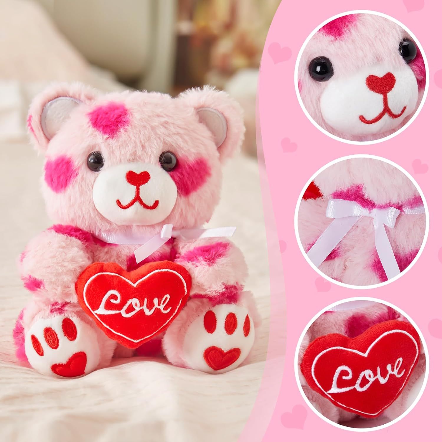 Pink Valentines Teddy Bear Stuffed Animal with Love Heart 8 Inches