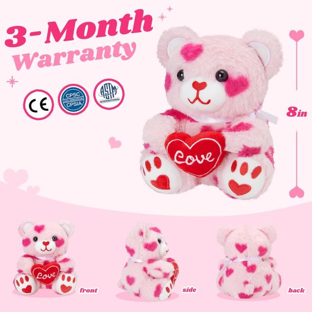 Pink Valentines Teddy Bear Stuffed Animal with Love Heart 8 Inches