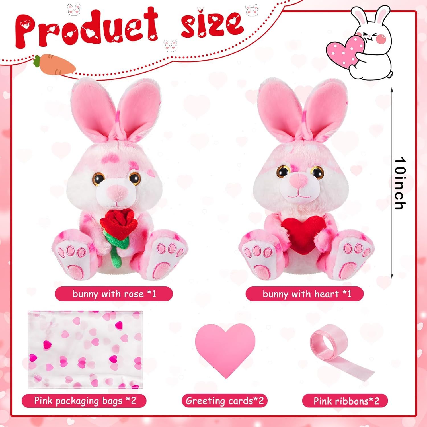 2 Sets Valentines Day Plush Stuffed Rabbit with Heart and Rose