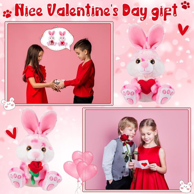 2 Sets Valentines Day Plush Stuffed Rabbit with Heart and Rose