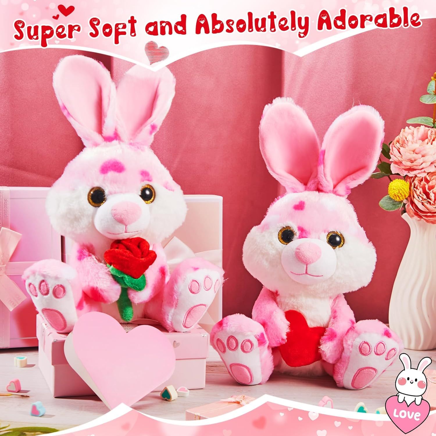 2 Sets Valentines Day Plush Stuffed Rabbit with Heart and Rose