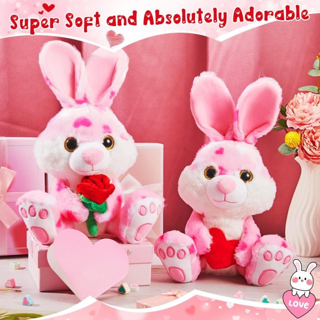 2 Sets Valentines Day Plush Stuffed Rabbit with Heart and Rose