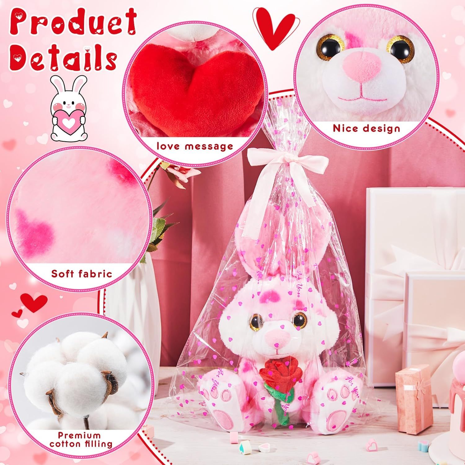 2 Sets Valentines Day Plush Stuffed Rabbit with Heart and Rose