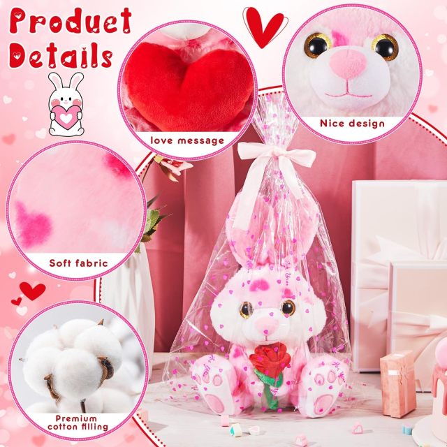 2 Sets Valentines Day Plush Stuffed Rabbit with Heart and Rose