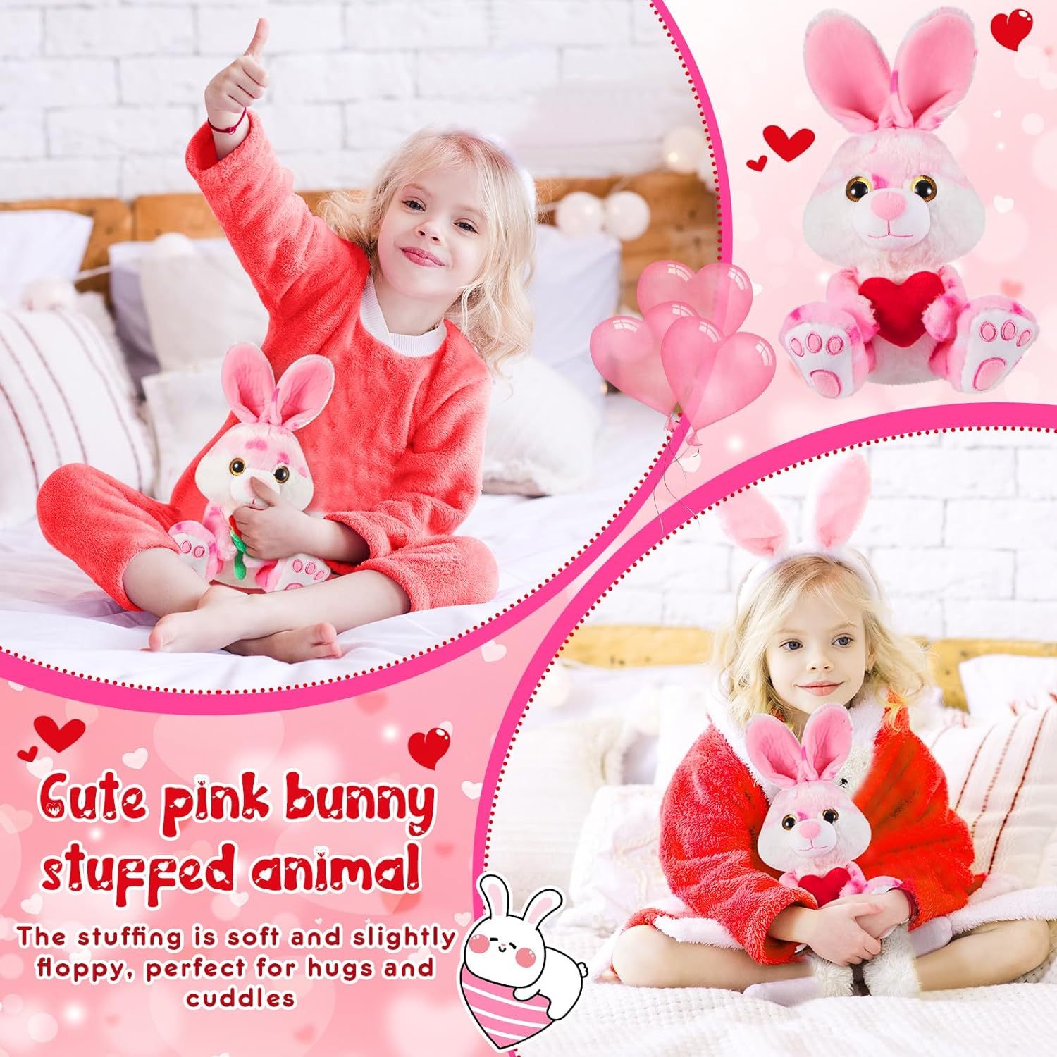 2 Sets Valentines Day Plush Stuffed Rabbit with Heart and Rose